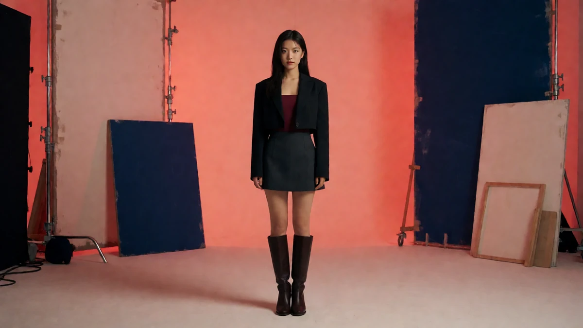 JD010婚后角色主题示意：红色布景前穿黑色外套与短裙的成年女性