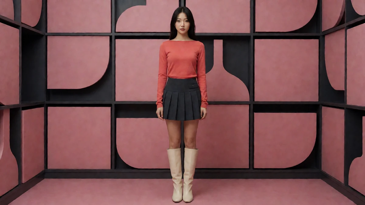 JD027改编题材主题示意：粉黑几何布景中央身穿红色上衣的成年女性